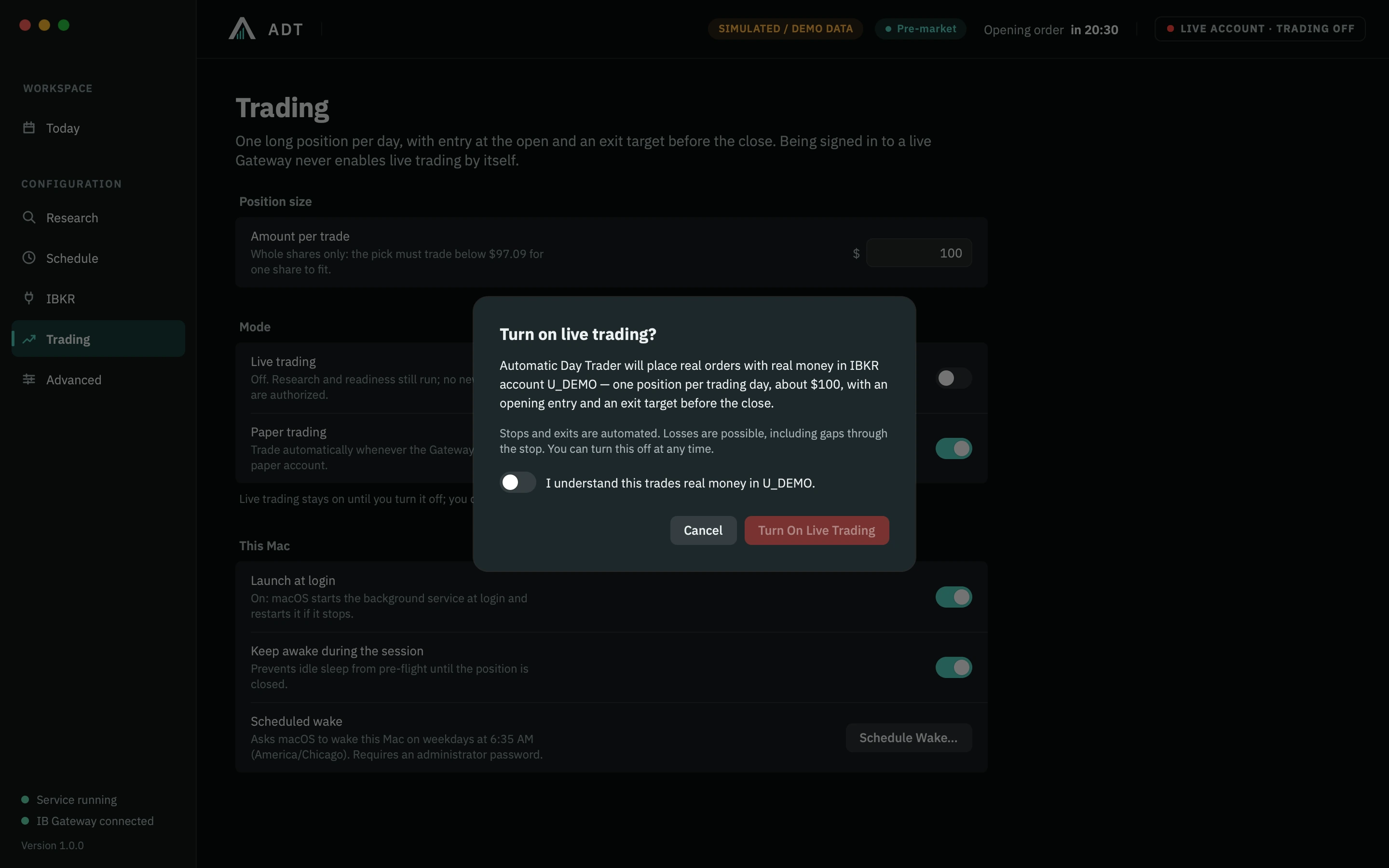 Actual ADT live-trading confirmation with its acknowledgment unchecked and trading still disabled.
