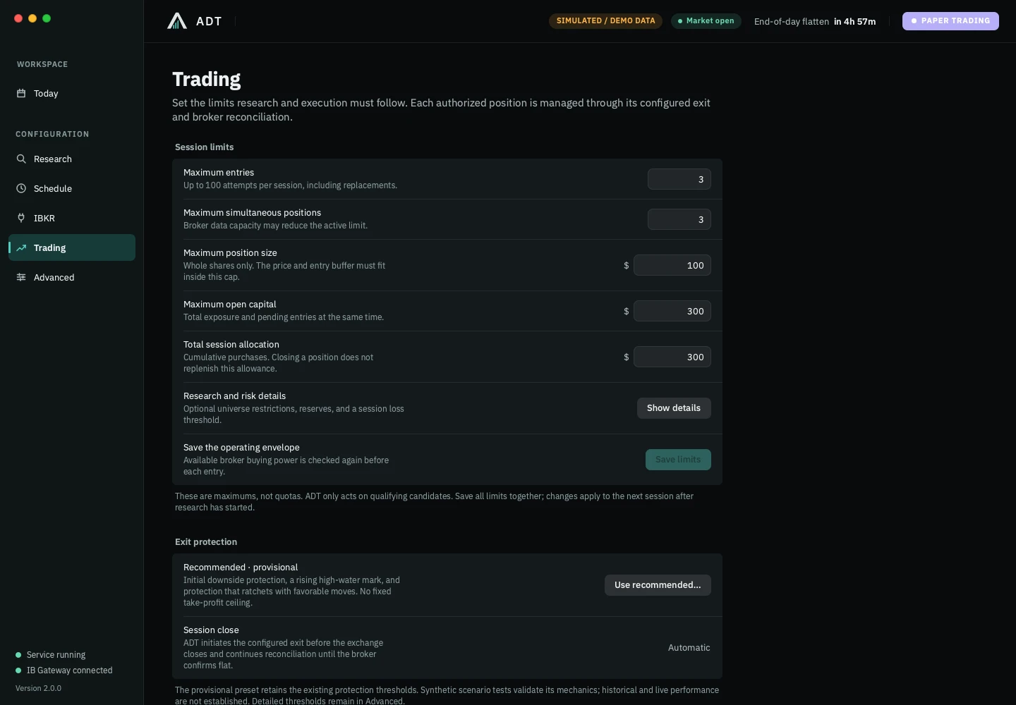 Actual ADT settings with simulated data, showing session entry, position and capital limits and provisional protection controls.
